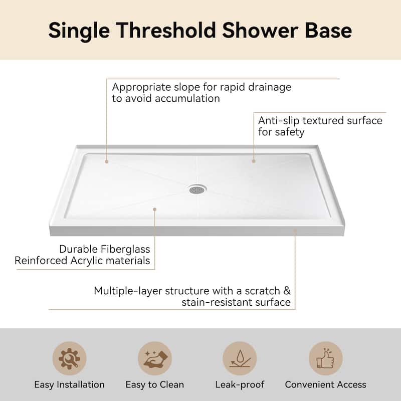 HOROW 60 x 36 Inch Alcove Shower Pan Base in White with Center Drain