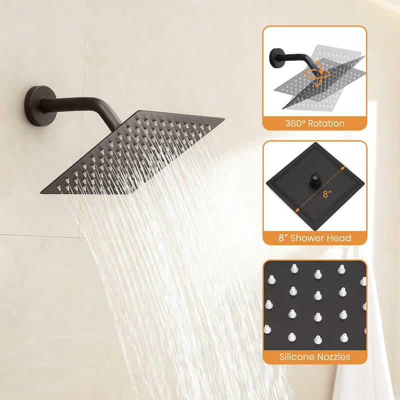 8-Inch Brushed Wall-Mounted Shower System with Rainfall Showerhead and Zinc Alloy Handle - Black