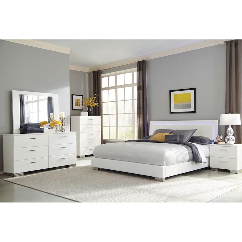 Felicity Glossy White Bedroom Set with LED Lighting - Eastern King - 5 Piece