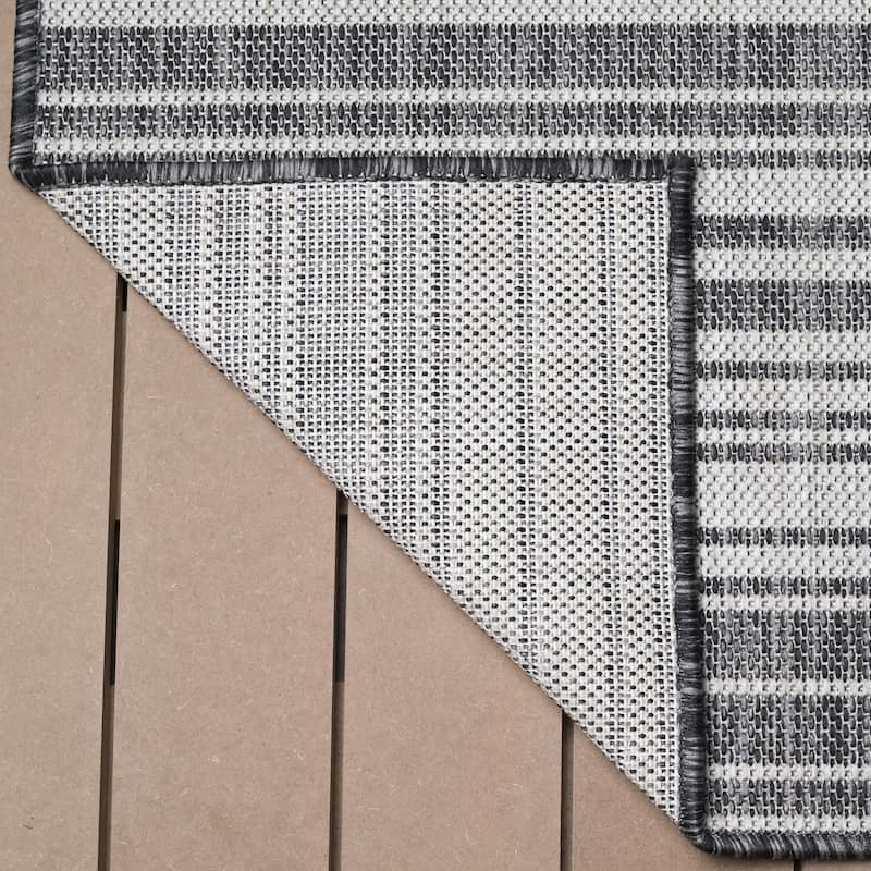 Beverly Rug Dark Grey Striped Indoor Outdoor Rug, Outside Carpet for Patio, Deck, Porch