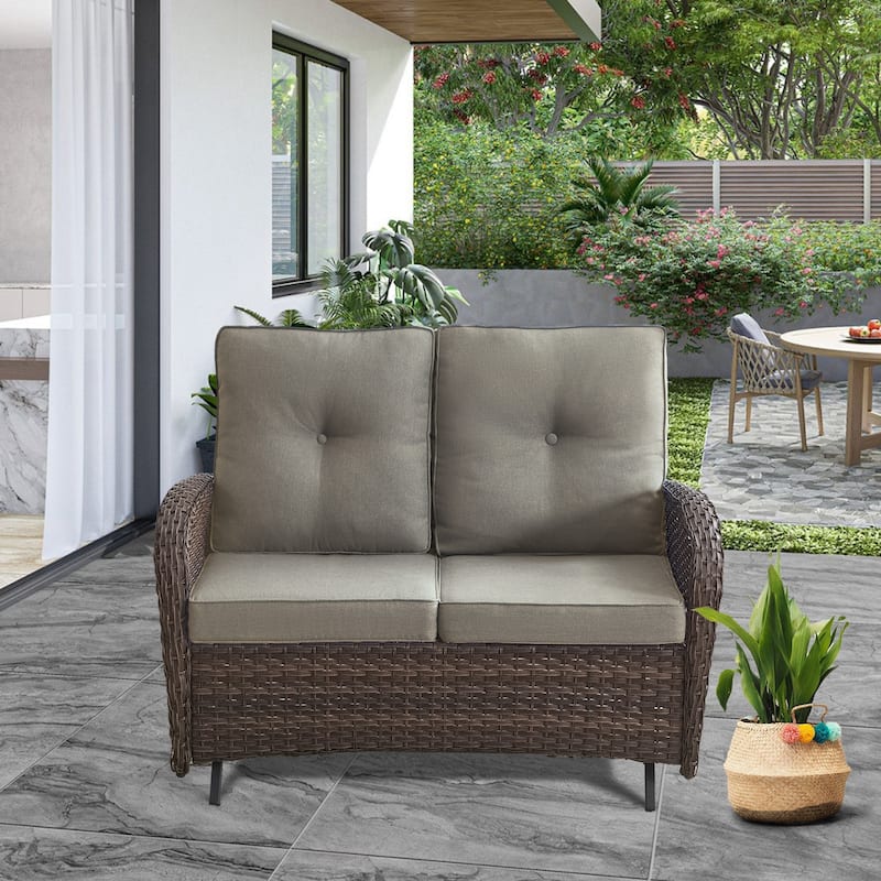 Outdoor Handwoven Wicker Loveseat Glider with Table - Brown