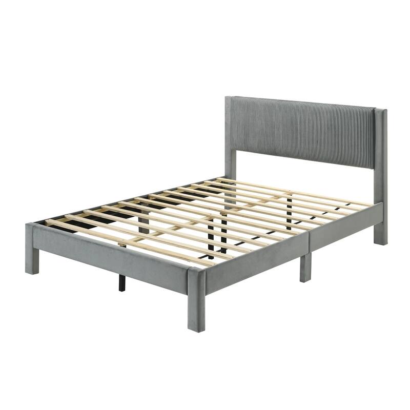 Cery Full Size Platform Bed, Light Gray Upholstery, Textured Headboard