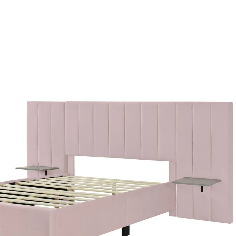 Modern Velvet Upholstered Platform Bed with Large Headboard