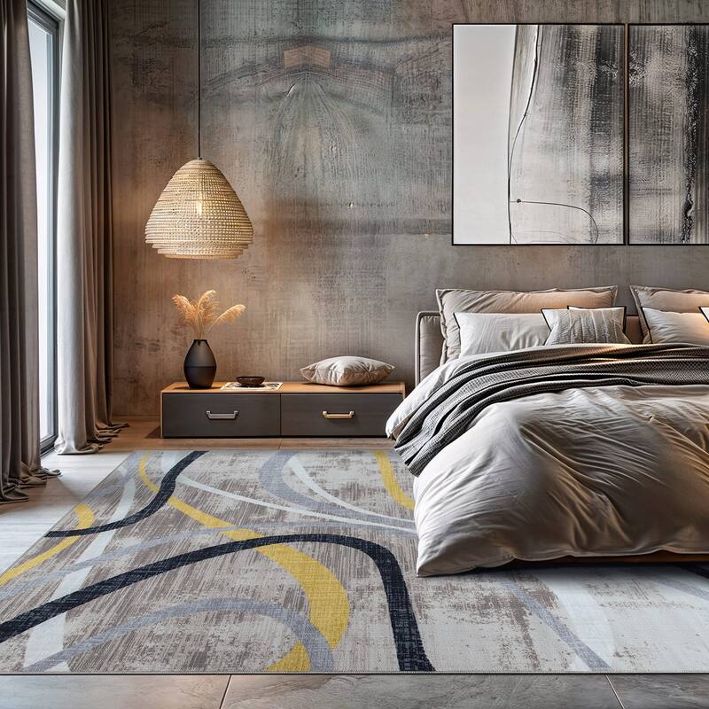Contemporary Distressed Abstract Lines Non Slip Area Rug