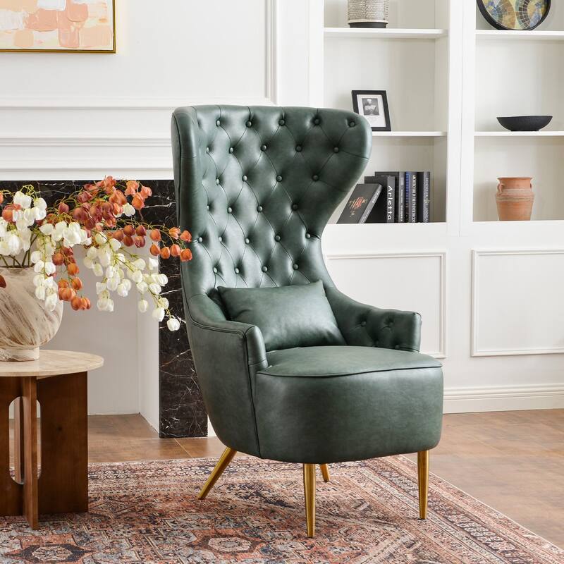 KINWELL Upholstered Tufted Faux Leather Wingback Chair PU Accent Chair - Set of 1 - Green