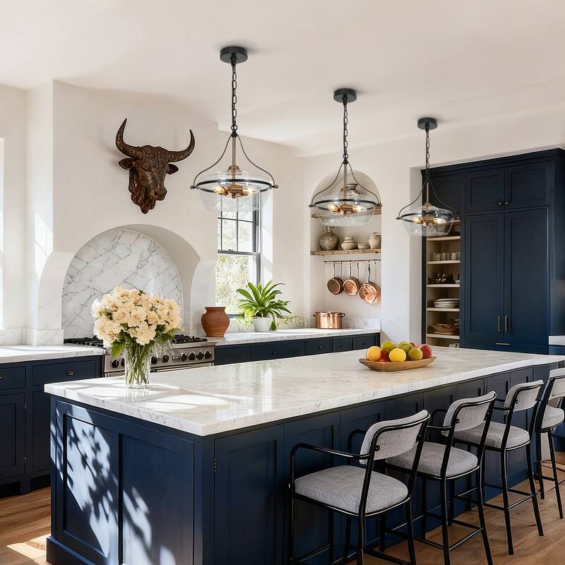 Modern Farmhouse 3-Light Black Gold Glass Chandelier Light Pendant Lights for Kitchen Island