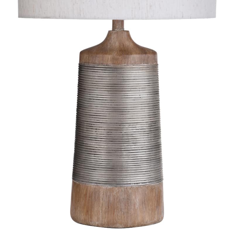 StyleCraft Haverhill Wood and Silver Textured Coil Banded Table Lamp with Oatmeal Drum Shade