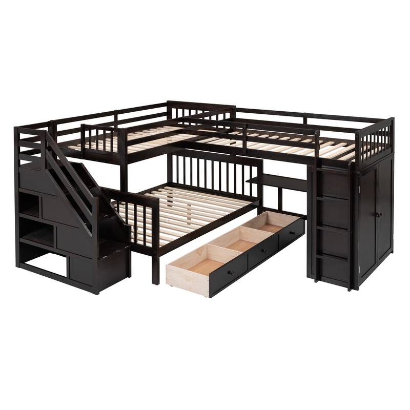 L-Shaped Bunk Bed, Twin-Twin Over Full Wood Bed with Wardrobe, Foldable Desk, Drawers and Shelves