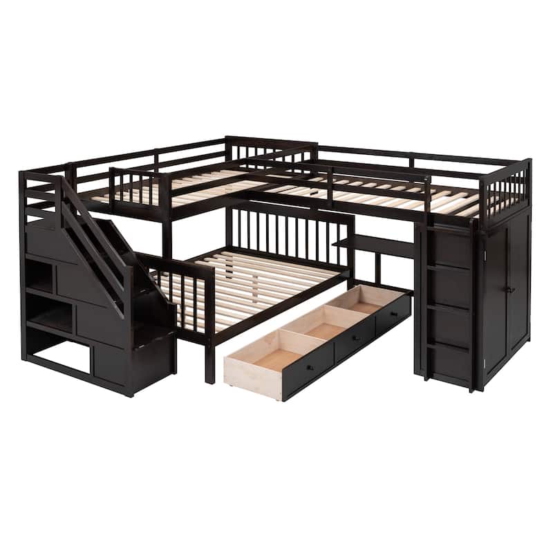 L-Shaped Bunk Bed With 3 Drawers, Portable Desk and Wardrobe
