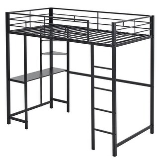 Twin Size Metal Loft Bed with Desk and Storage Shelves