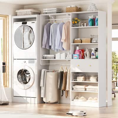 5FT Wood Closet System with 2 Hanging Rods ＆ Adjustable Shelf,Reversible Walk In Closet Organizers with Shoe Rack ＆ Drawer