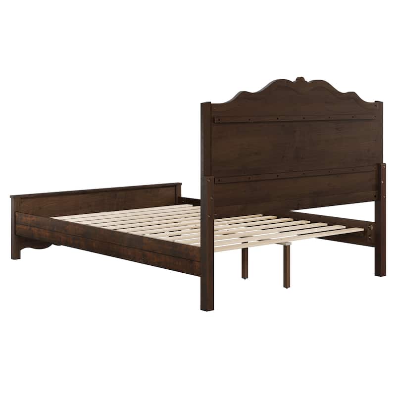 Traditional Solid Wood Bed Frame with Queen/King Size Platform Bed with Headboard for Bedroom