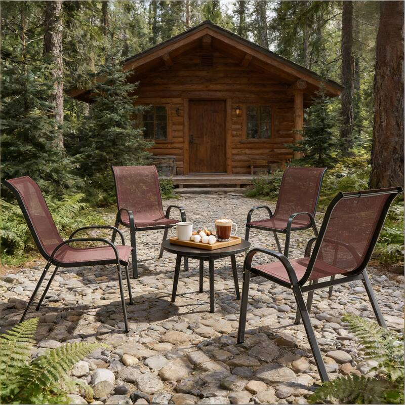 GDFStudio - Holmgren Outdoor Mesh Dining Chairs with Space-Saving Stackable Design Set - Set of 4 - Black,Dark Brown