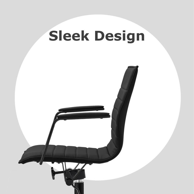Set of 2 Modern Office Chairs | Upholstered PU Leather Ribbed Mid Back with Metal Frame | Adjustable Height, Tilt Lock