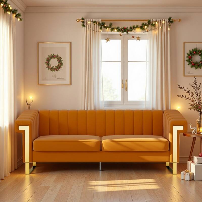 Velvet Sofa Couch for Living Room, Modern Loveseat Couch with Gold Accents, Apartment Chesterfield Sofa - Orange