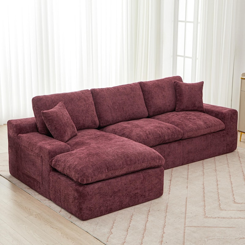 Cloud Sectional Sofa, Chenille Upholstered Sofa Couch with Double-Layer Cushion and Side Pockets, Full-compressed Sofa - Red