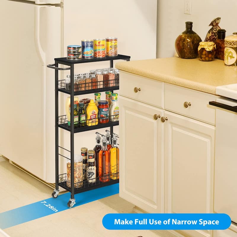 Slim Storage Cart Kitchen Rolling Utility Cart on Wheels 4 Tier Mobile Narrow Cart with Wood and Metal Handle Slide Out Storage