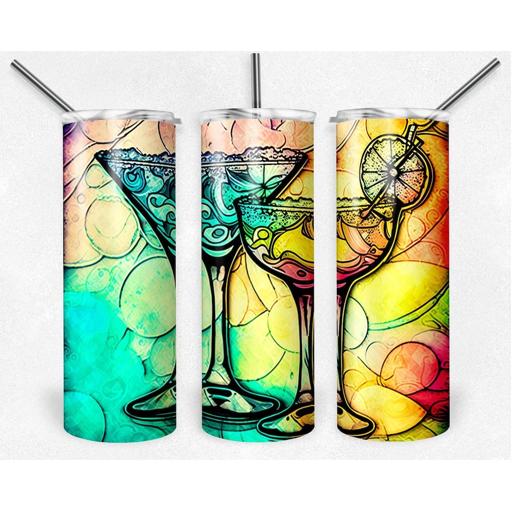 Margaritas Drinks Stained Glass Look 20 Oz Skinny Metal Tumbler w/Lid and Straw - Multi