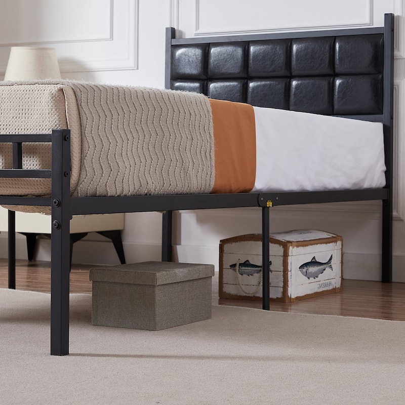 VECELO Faux Leather Tufted Bed, Metal Frame Bed Frame
