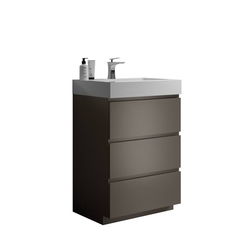 GDFStudio - Alice Walnut Freestanding Bathroom Vanity with One-Piece Matte Black Sink, Modern Handle-Free Design, Pre-Assembled