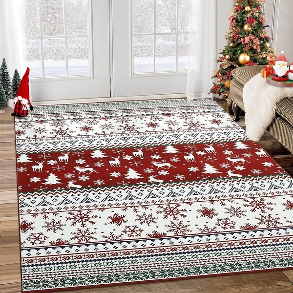 Washable Vintage Boho Christmas Area Rug, Low Pile - 1'6