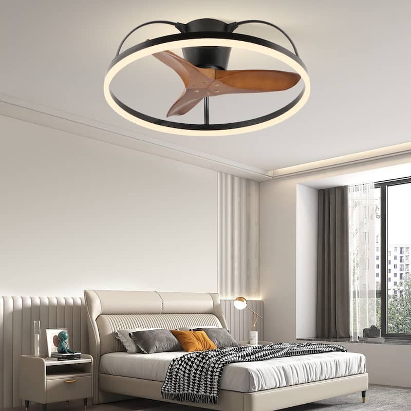 Farmhouse Solid Wood Blade Ceiling Fan with Light and Remote, 24" Low-Profile LED Fan Light Fandelier for Bedroom Kitchen