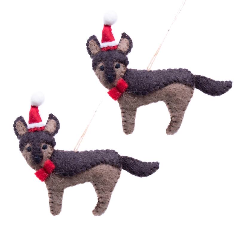 German Shepherd Santa Dog Handmade Felt Ornaments, Set of 2