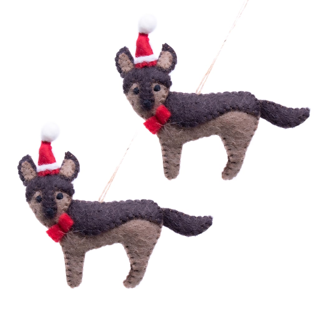 German Shepherd Santa Dog Handmade Felt Ornaments, Set of 2