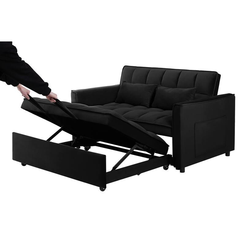 Anmytek 3-in-1 Velvet Sleeper Sofa with Adjustable Backrest and Side Pockets Black Convertible Loveseat
