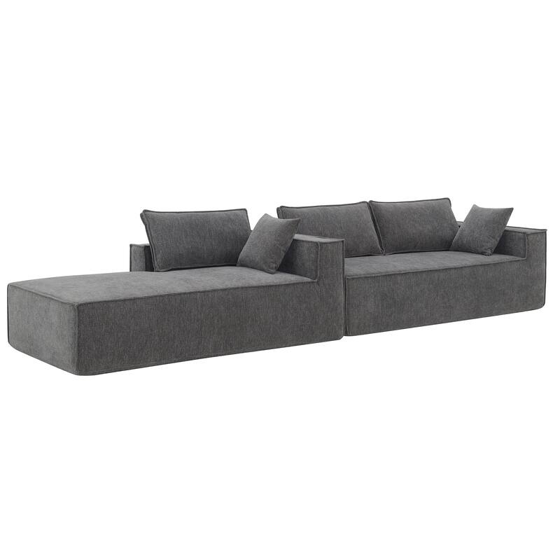 Grey 111.5" L-Shaped 4-Seat Modular Sofa with Chaise, 2 Pillows, Wrinkle-Resistant Chenille, and All-Sponge Construction