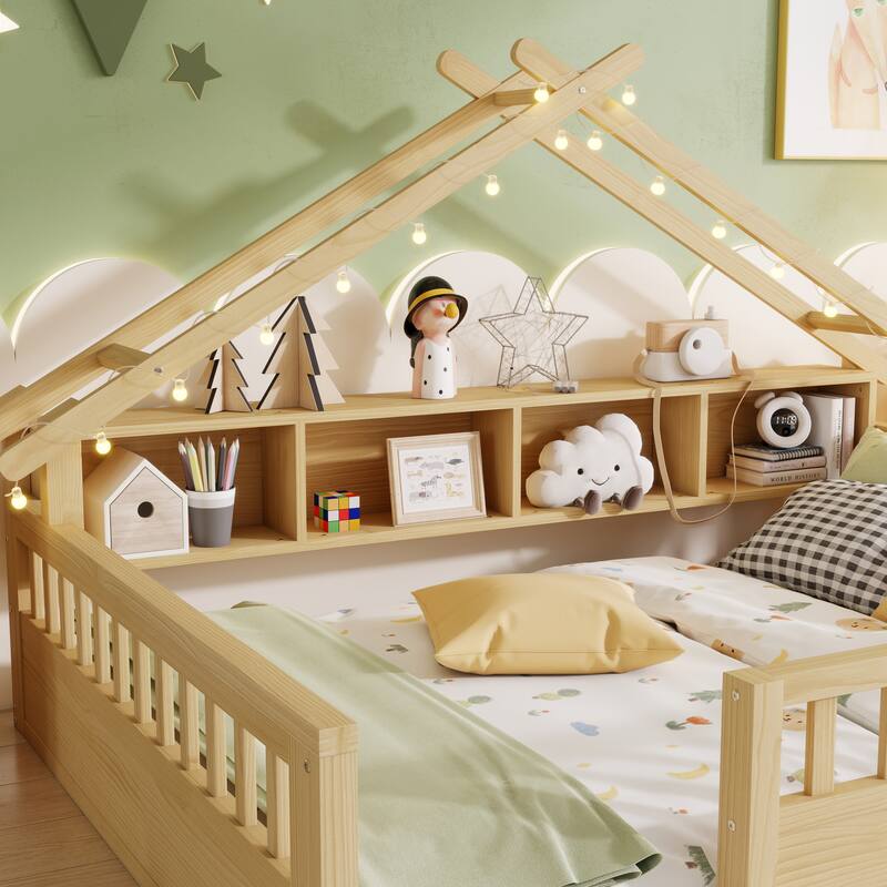 Twin/Full Floor Bed with Storage Bookshelves & Roof Shape for Kids