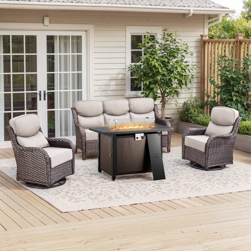 Pocassy Patio Furniture Set with 43 inch Fire Pit Table - Beige Cushion Brown Wicker - 4-Piece Sofa Siwvel Chair w/ Fire Pit Table