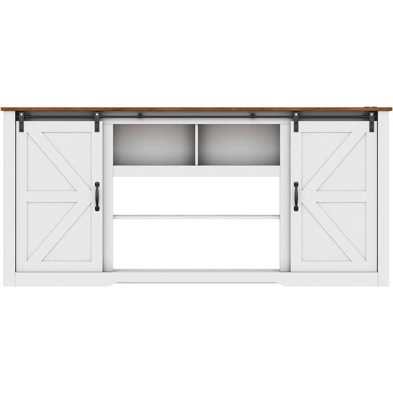 70" Farmhouse Large TV Stands, Entertainment Center with Sliding Doors - N/A - Brown+White