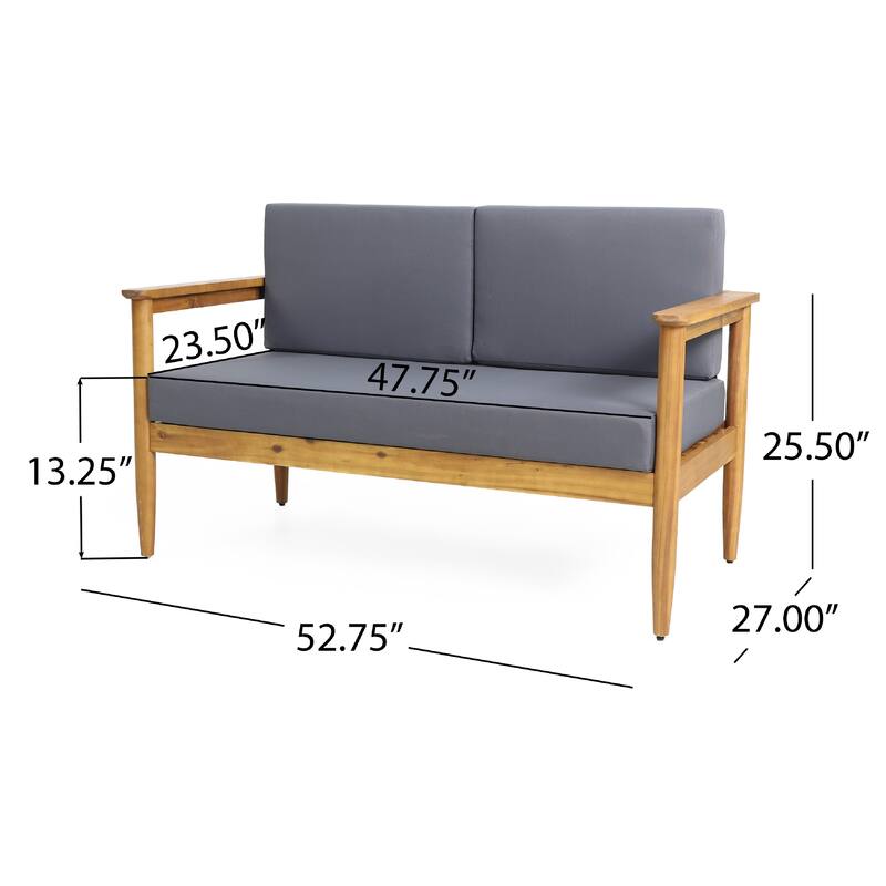 Gavie Outdoor Loveseat, Teak Brown Acacia Wood, Gray Fabric 53 Inch