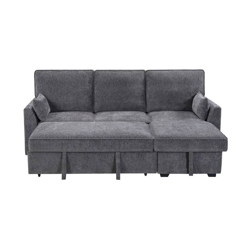 Emmy 89"W Dark Gray Fabric Sleeper Sectional Sofa with Reversible Storage Chaise, USB & USB-C Charging Ports, Cupholders
