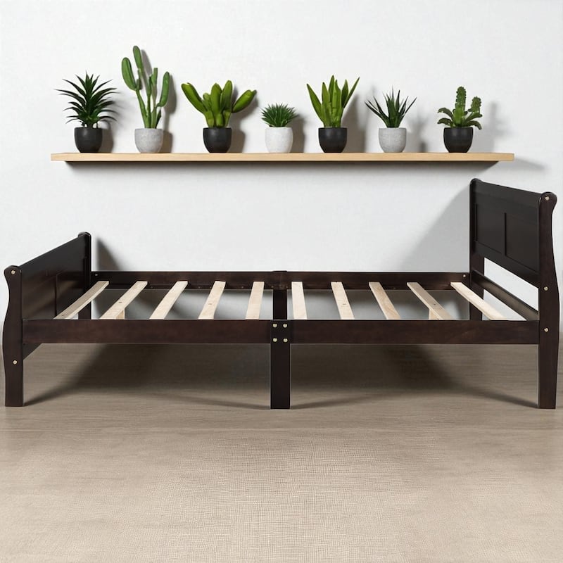 Full/Queen Size Wood Platform Bed Frame with Headboard, Slats, and Oak Finish, No Box Spring Needed