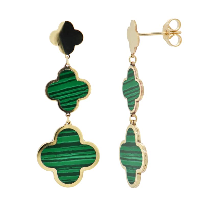 Italian Gold 14K Yellow Gold Dangle Clover Earrings 1.50 Inch Drop - Made in Italy 2.60 gms - Malachite