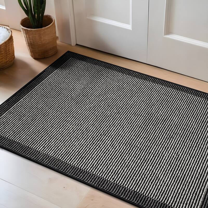 Modern Geometric Stripe Bordered Area Rug for Living Room, Bedroom, or Entryway - Low Pile Indoor Rug - Gray - 2' x 3'