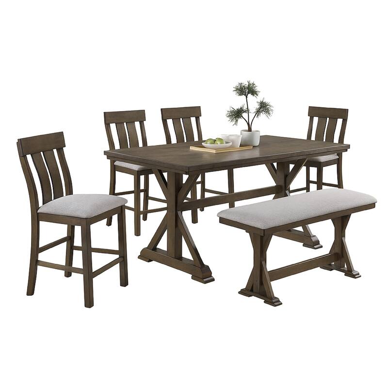 Counter Height Dining Chair Set of 2, Brown Slatted Back, Gray Fabric - Multicolor