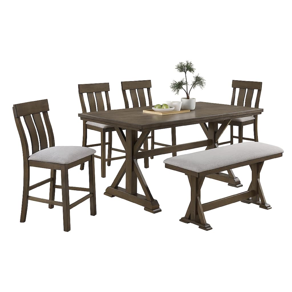 Counter Height Dining Chair Set of 2, Brown Slatted Back, Gray Fabric