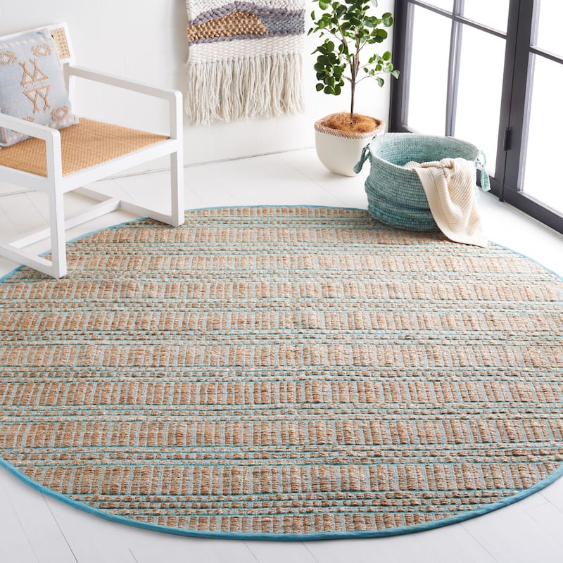 SAFAVIEH Handmade Natural Fiber Marharita Geometric Seagrass Rug - 7' Round - Teal/Natural