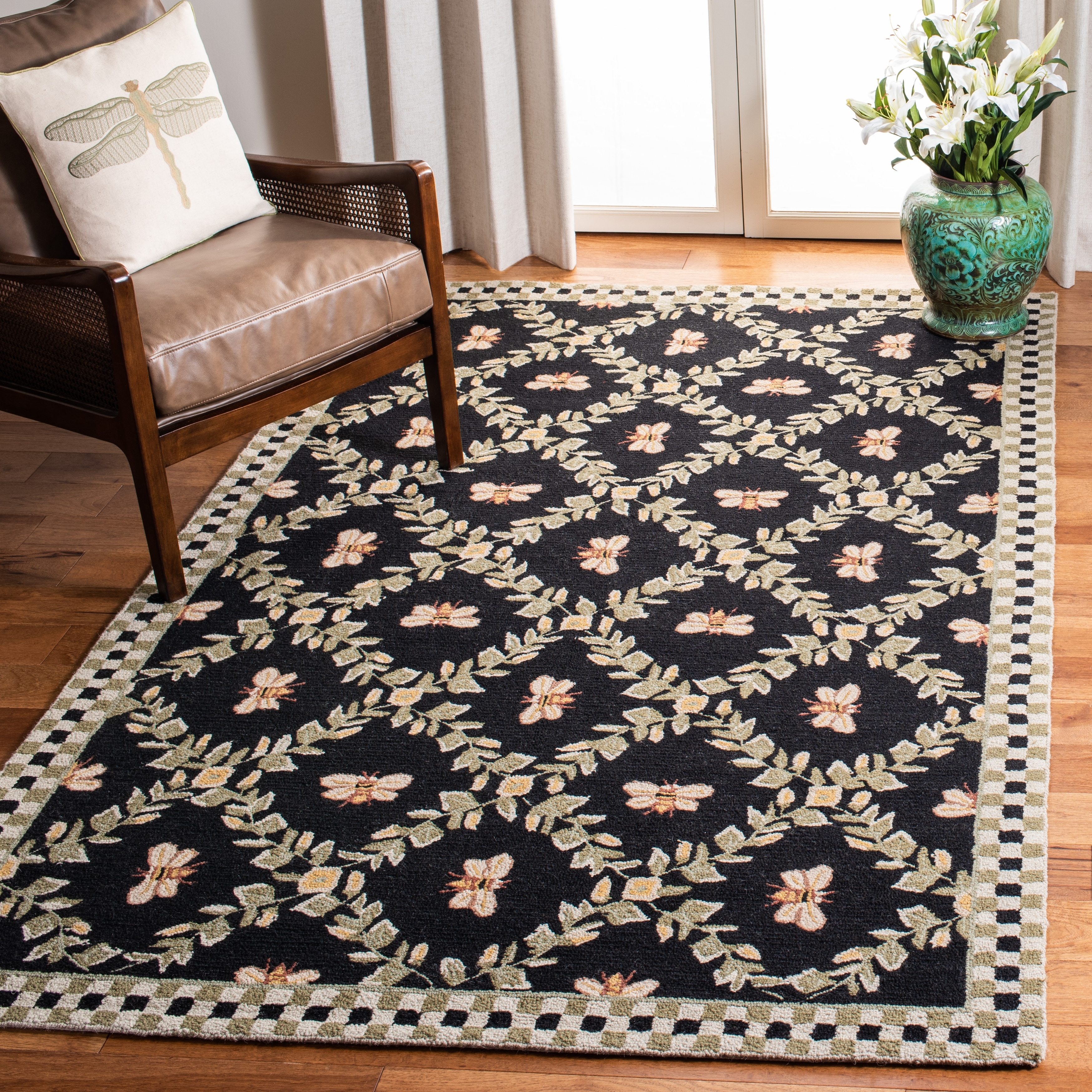Safavieh Wilton Collection WIL335A Hand-Hooked Country Cottage Floral Wool Area Rug Taupe 5'6 x 8'6 Ivory 