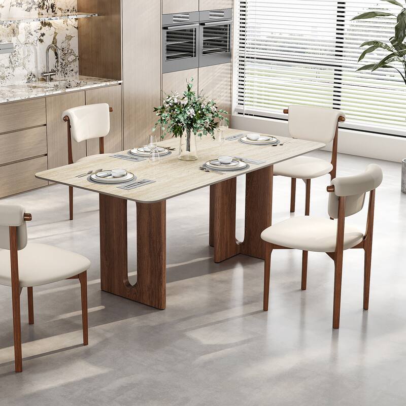 63" Modern Rectangular Dining Table for 4,Faux Marble top with Travertine Texture,Double Legs with Solid Woood Veneer - Beige