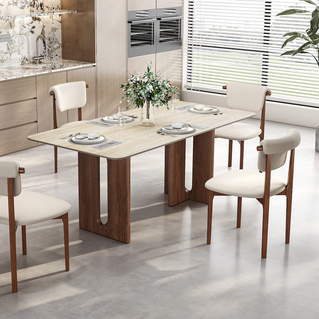 63" Modern Rectangular Dining Table for 4,Faux Marble top with Travertine Texture,Double Legs with Solid Woood Veneer