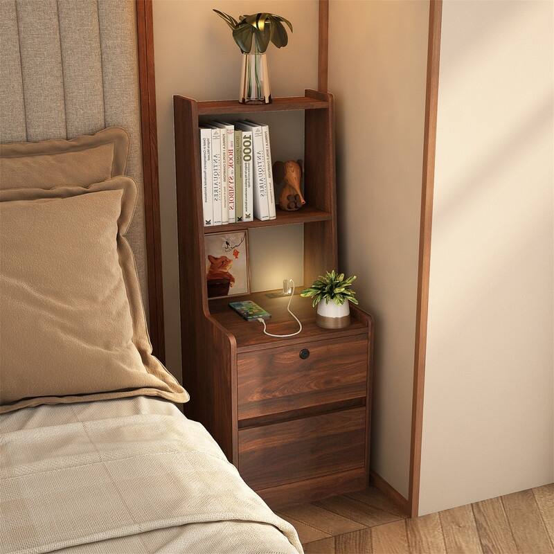 Smart Nightstand with 2 Drawers, Night Light and Charging Station, Modern Bedside Table Side Table with Bookshelf for Bedroom - Wood