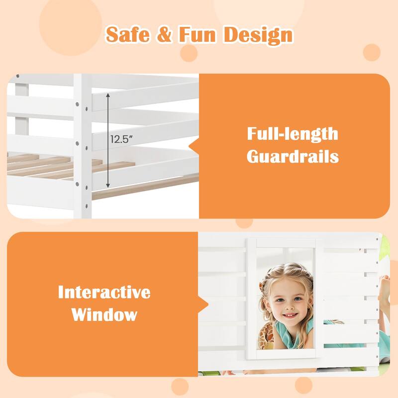 Gymax Twin over Twin House Bunk Bed Low-to-ground Bed Frame w/ Roof