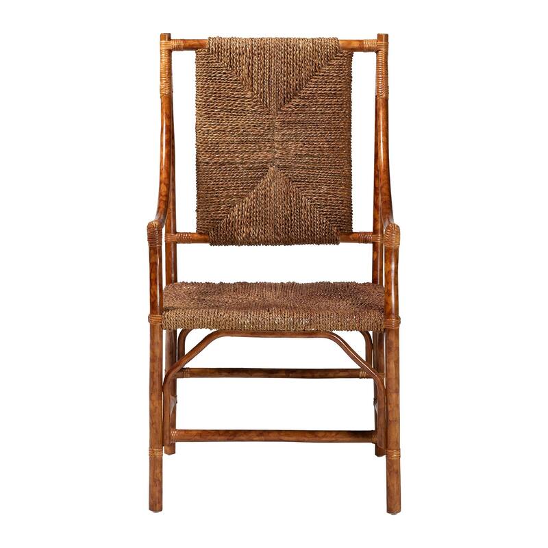 Ramos Marbled Tortoise Natural Rattan and Seagrass Armchair - Handwoven Wicker Chair, Rustic Boho Accent Seating