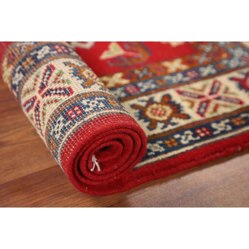 Geometric Red Kazak Oriental Accent Rug Bedroom Handmade Wool Carpet - 2'8" x 4'3"
