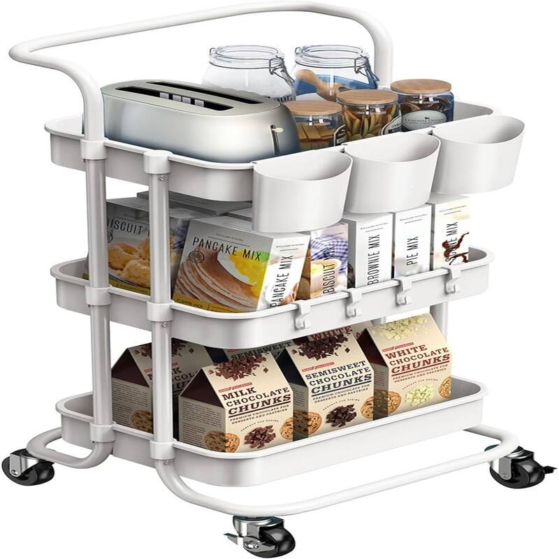 3 Tier Rolling Utility Cart Storage Shelves Multifunction Storage Trolley Service Cart - 16.9"D x 14.2"W x 34"H - White