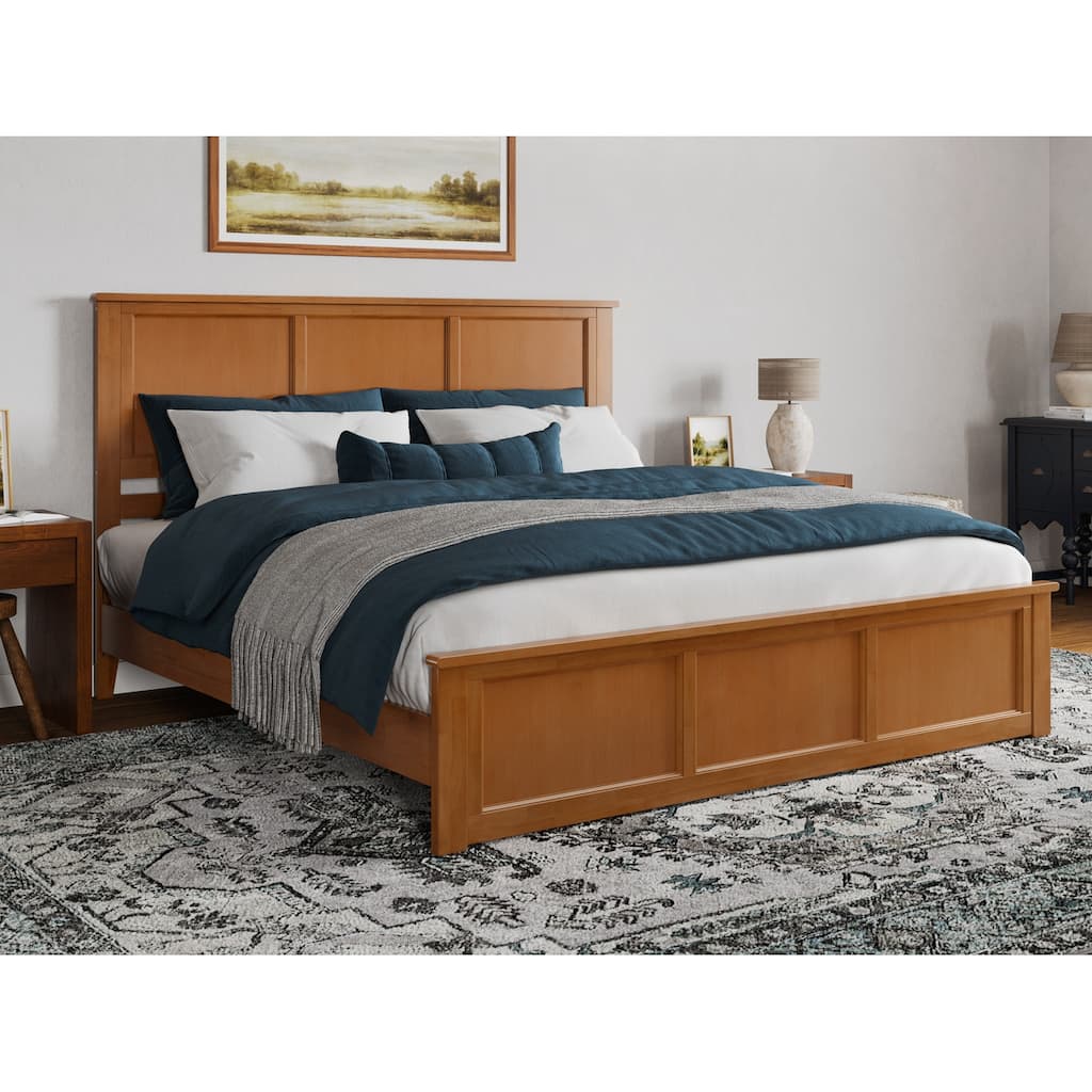 Light Toffee Solid Wood King Platform Bed with Matching Footboard, Turbo Charger, and Durable Slat Support